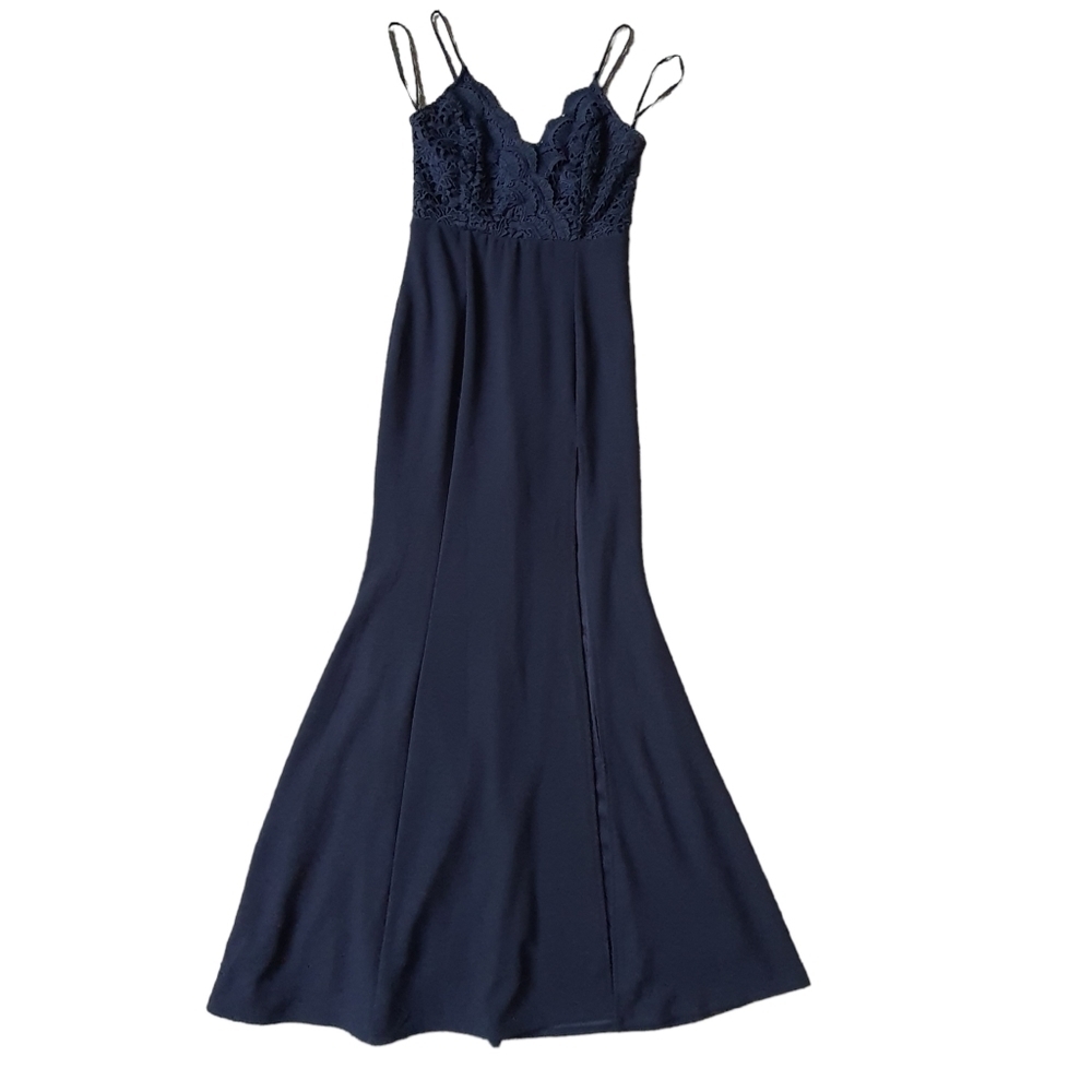 Lulu's Formal Navy Dress 'Madalyn' High Slit Sleeveless Lace Upper Maxi Gown (S)